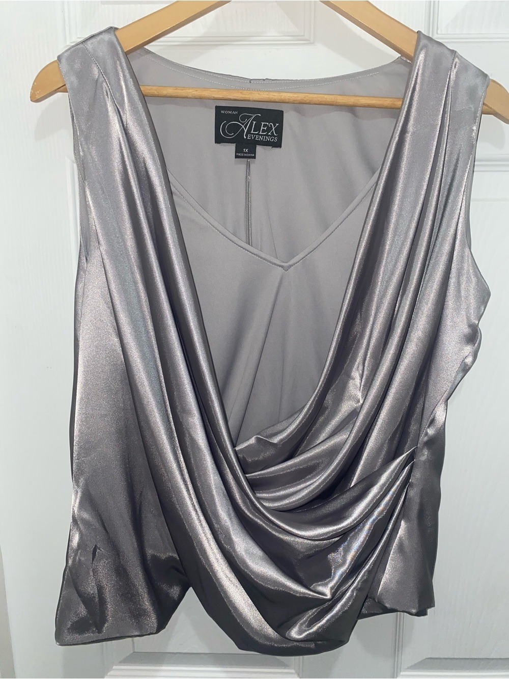 Alex Evenings 1X Silver Satin Draped V-Neck Sleeveless Camisole